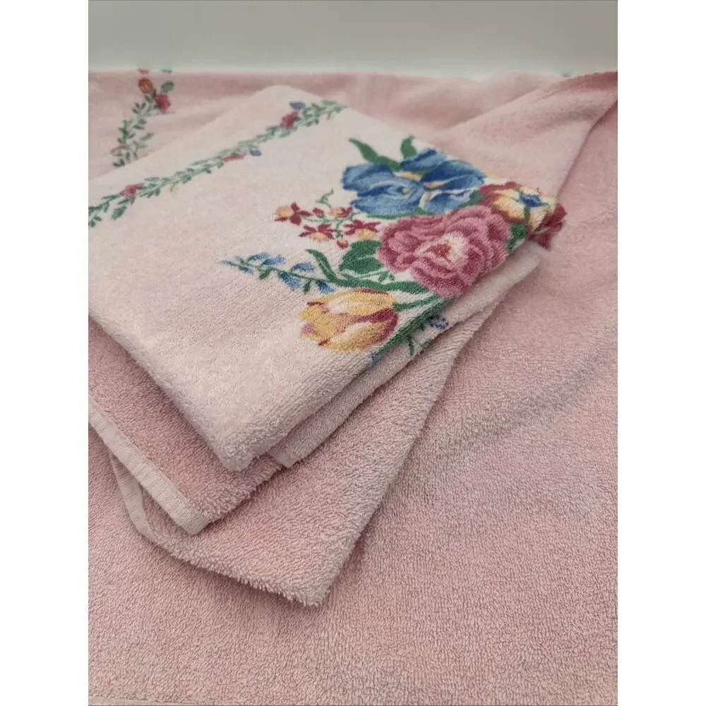 2 Vintage Cannon Royal Family Floral Pink Flower Bath Towel 41x24
